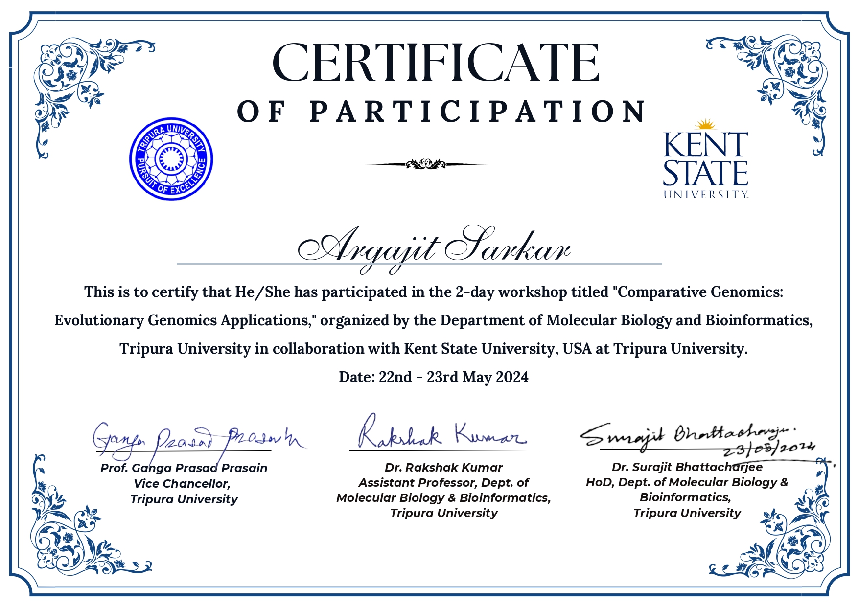 Comparative Genomics Workshop Certificate